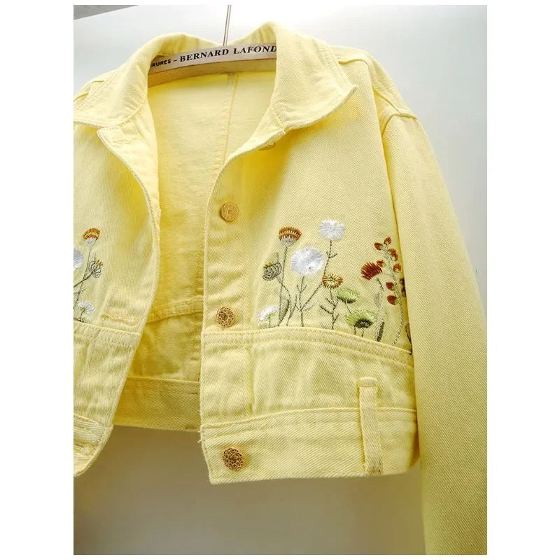Floral Embroidery Denim Crop Jacket for Women