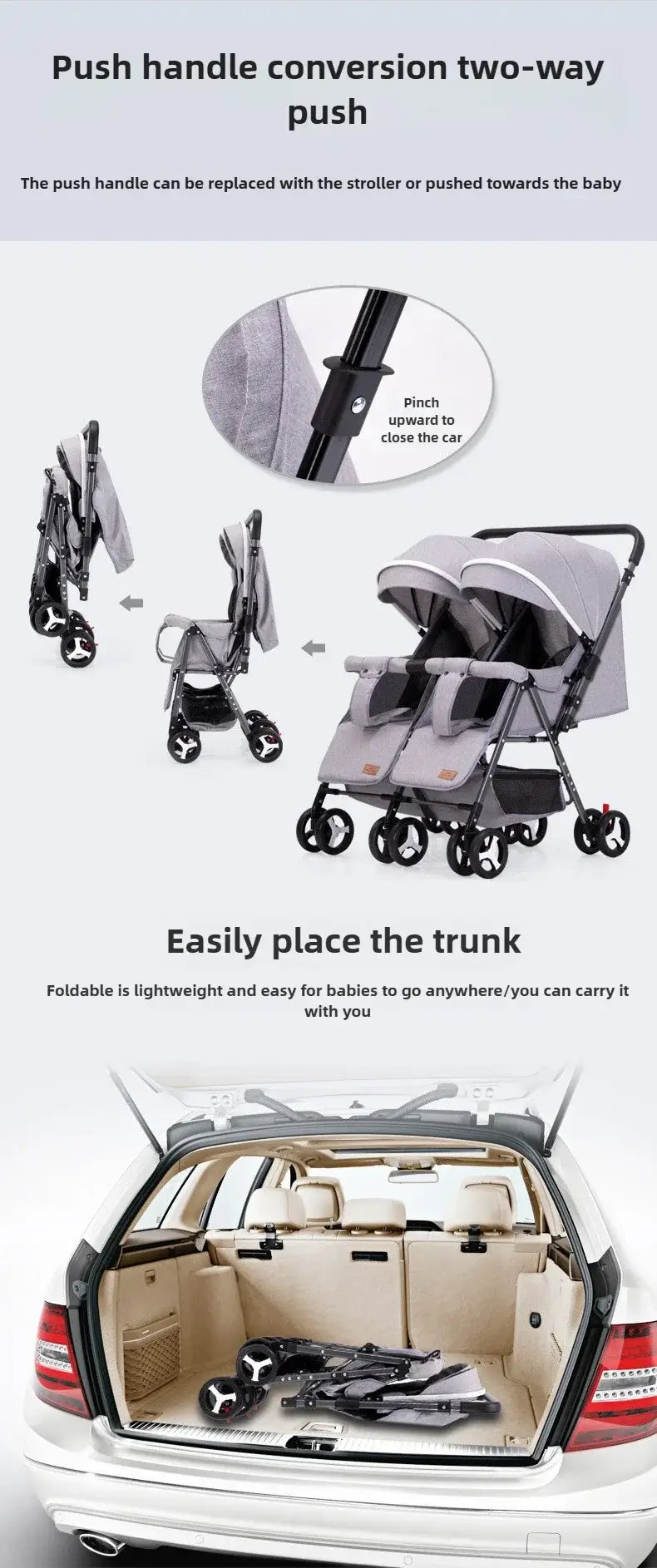 Demonstration of a two-way push handle conversion and easy trunk placement for a foldable twin baby stroller.