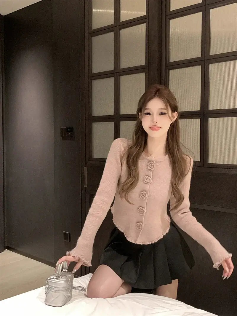 كارديجان نسائي قصير محبوك مزهر