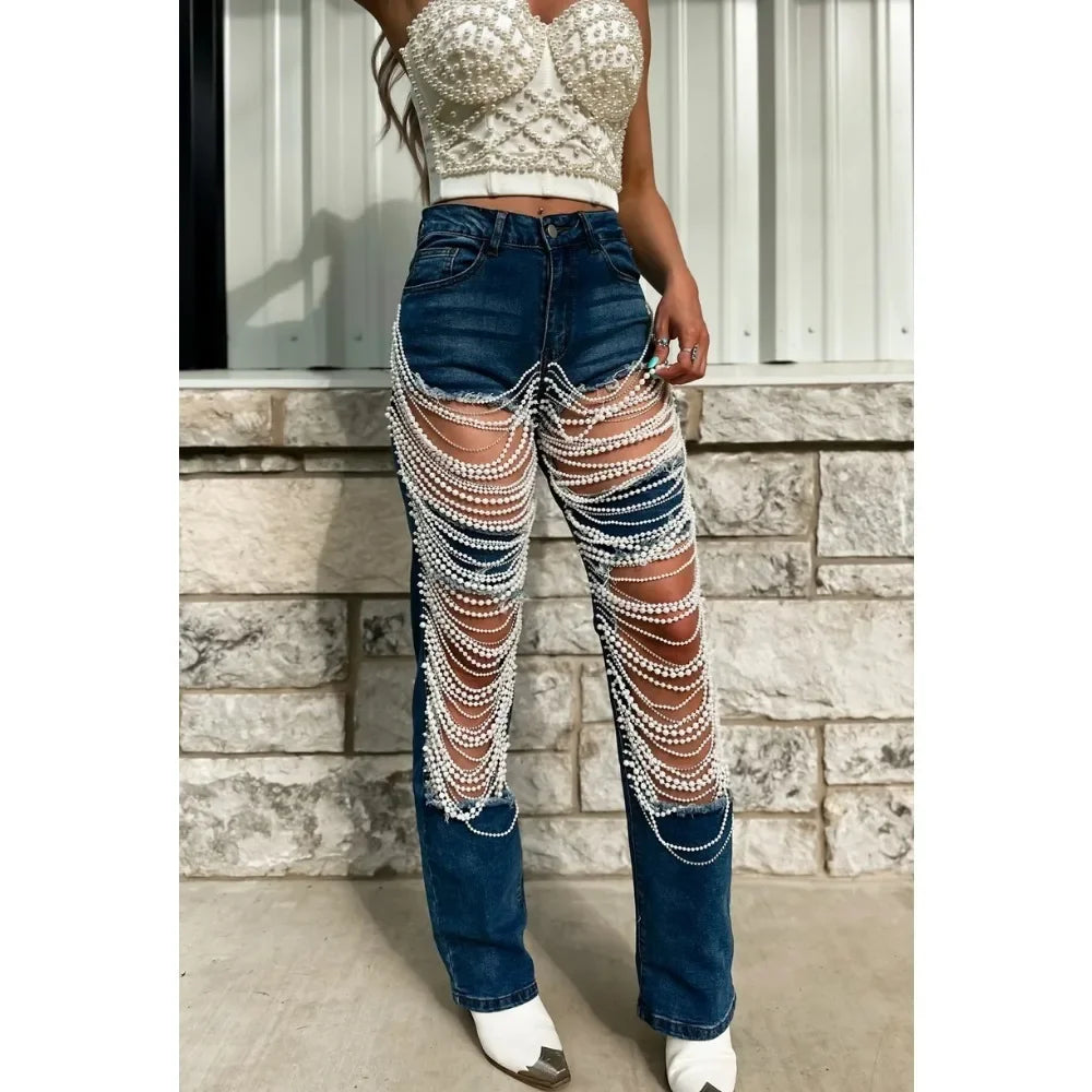 ChainTear™ – Bead Chain Ripped Slim Denim Pants 2025 (Grungy, Sleek & Decorative)