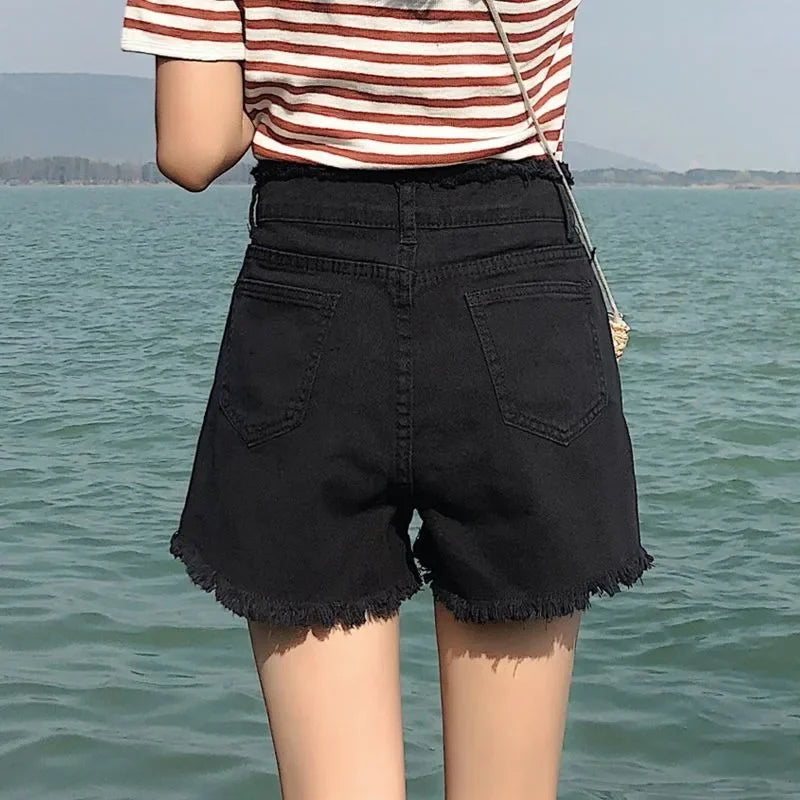 High Waist Black Tassel Denim Shorts for Women