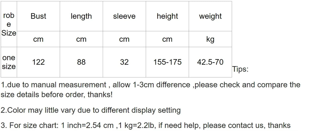 Size chart for Short Silky Satin Bride Robes including bust, length, sleeve, height, and weight measurements.
