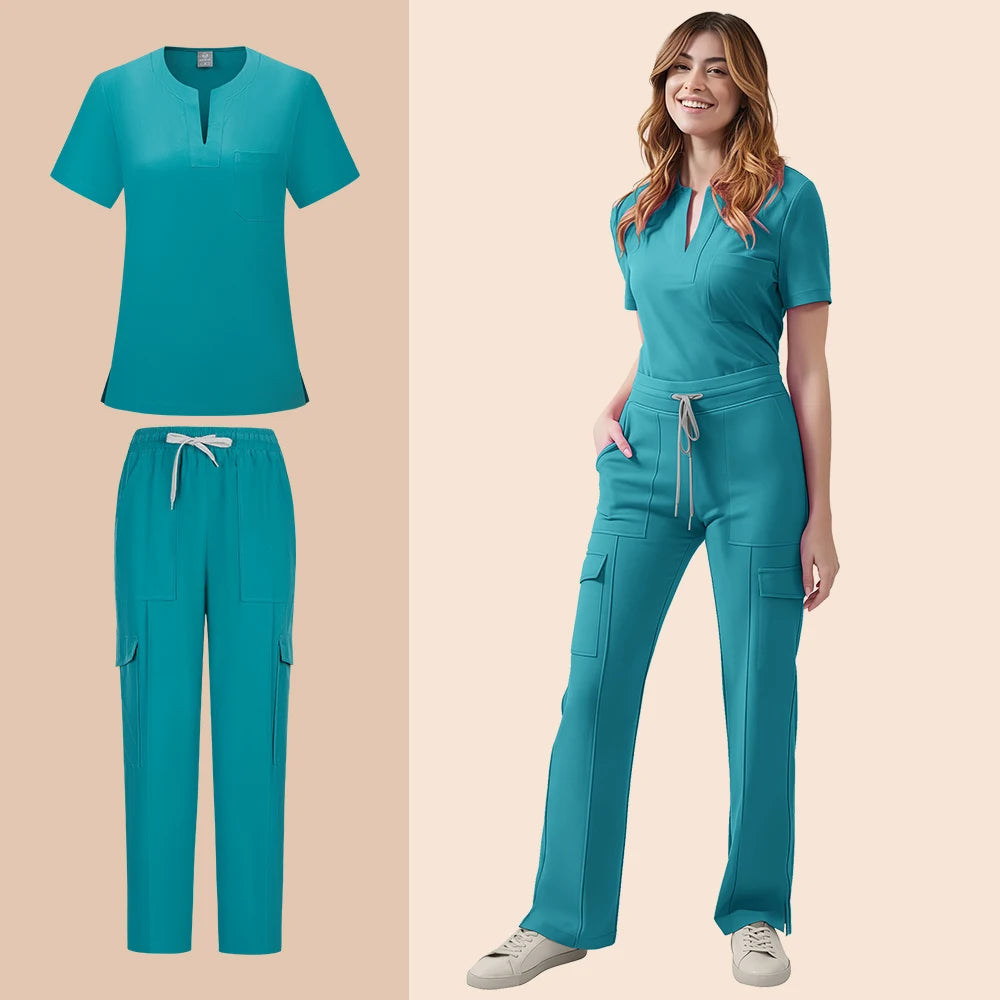 Women’s teal medical scrub set featuring a pocket top and pants, suitable for healthcare professionals.