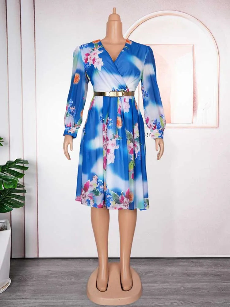 فستان نسائي من الشيفون المطبوع بفتحة رقبة على شكل حرف V