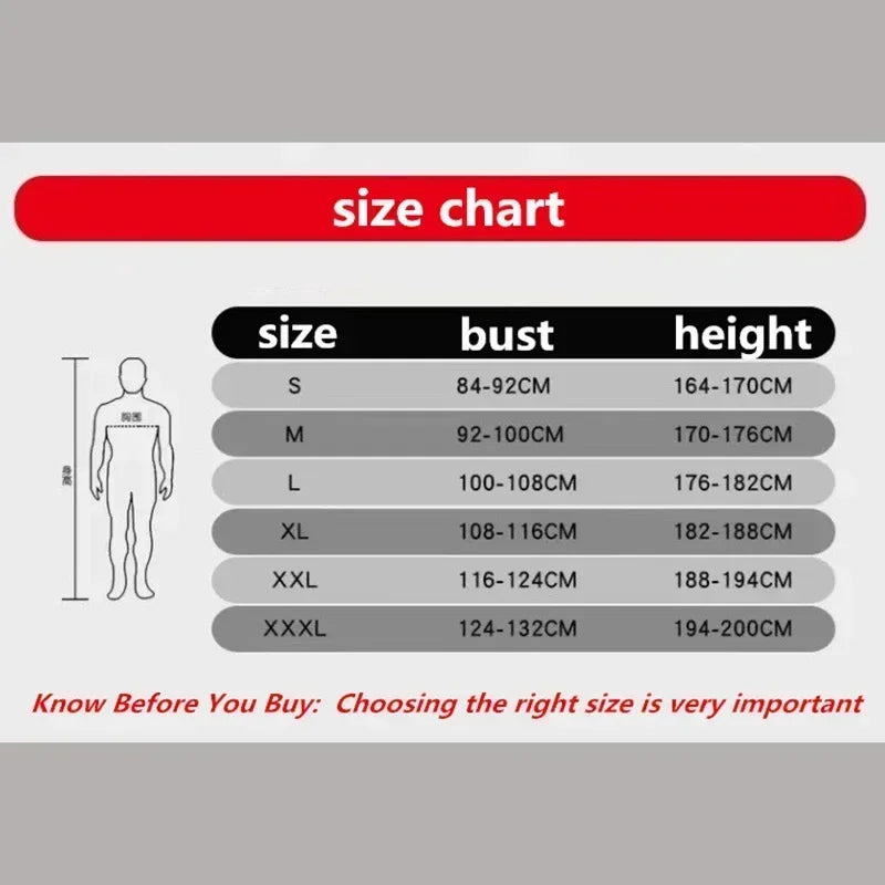 Size chart for protective coveralls showing sizes S to XXXL with bust and height measurements.