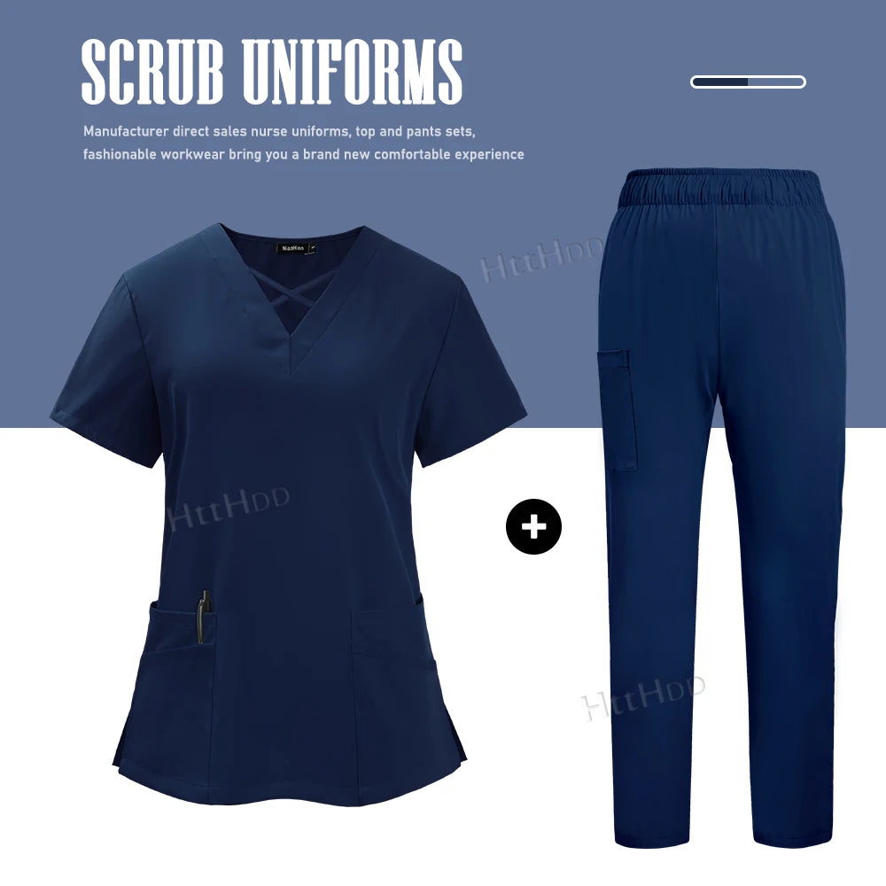 Nurse dental scrubs set, navy color, featuring comfortable top and pants, ideal for medical professionals.