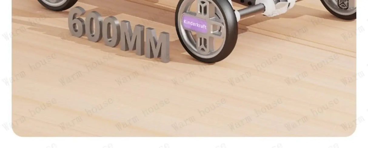 Close-up of Outdoor Lightweight Children's Stroller showing 600MM measurement on wooden surface.