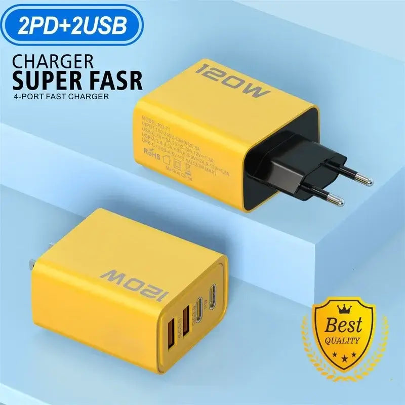 120W USB fast charger with four ports, featuring a vibrant yellow design and CE certification, perfect for all devices.