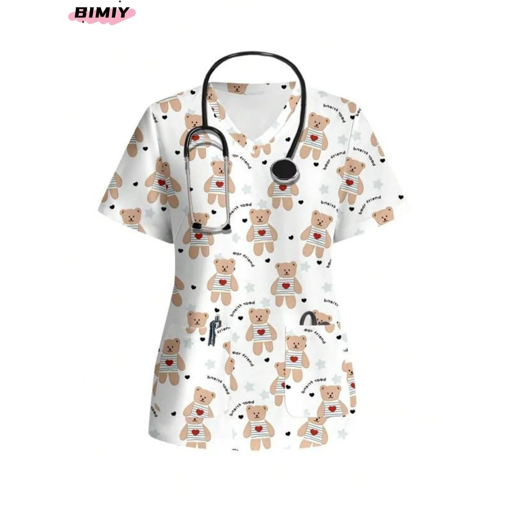 Colorful women's scrubs top featuring cute teddy bear illustrations, ideal for nursing professionals.