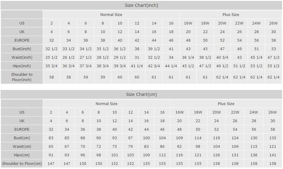 Size chart for women's dresses showing normal and plus sizes in inches and centimeters.