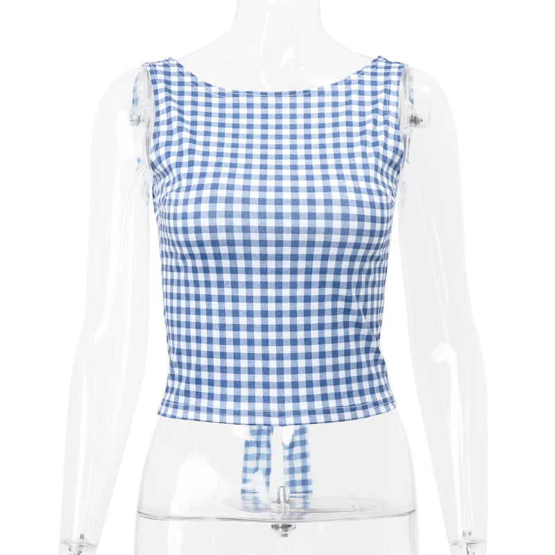 Blue and white plaid backless Y2K crop top for women, perfect for streetwear style.