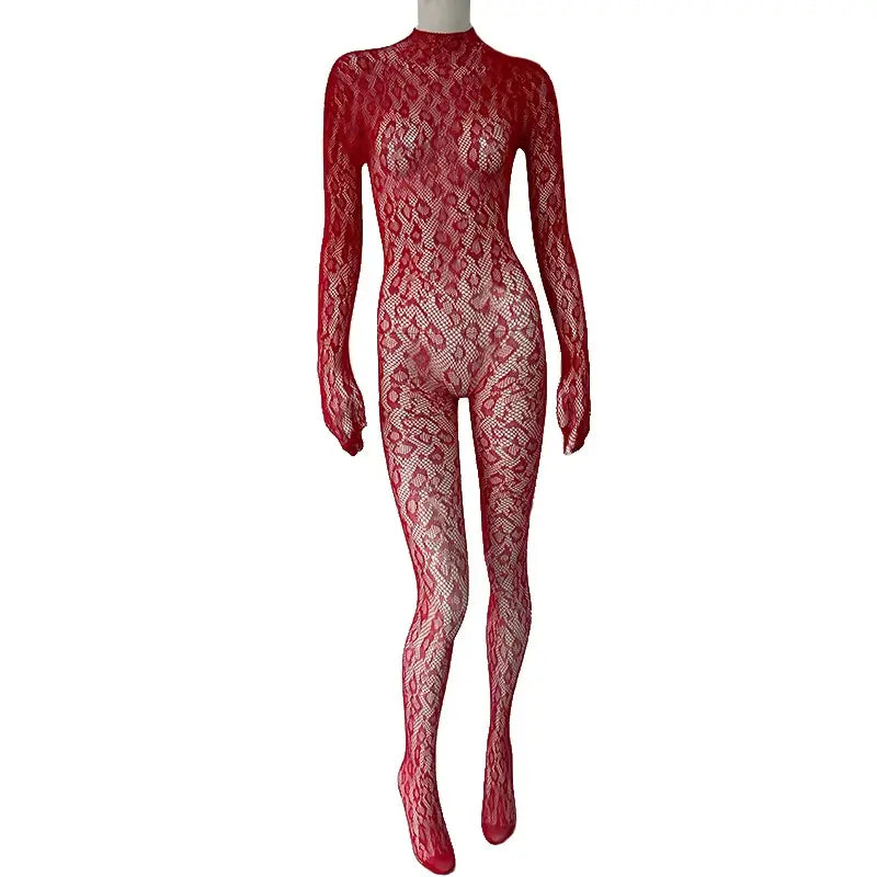 Women Lace Fishnet Long Sleeve Jumpsuit