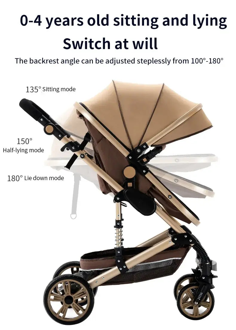 3-in-1 baby stroller for ages 0-4 with adjustable backrest from sitting to lying down positions.
