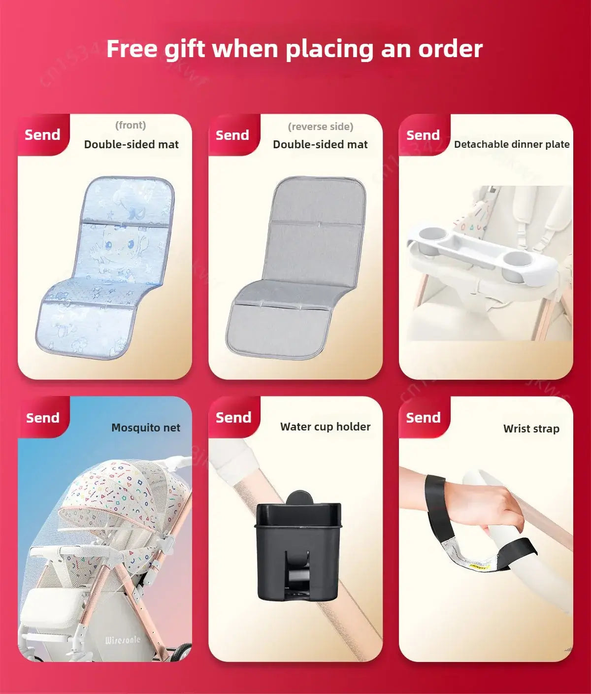 Promotional image showing free gifts with order: double-sided mat, detachable dinner plate, mosquito net, water cup holder, wrist strap.