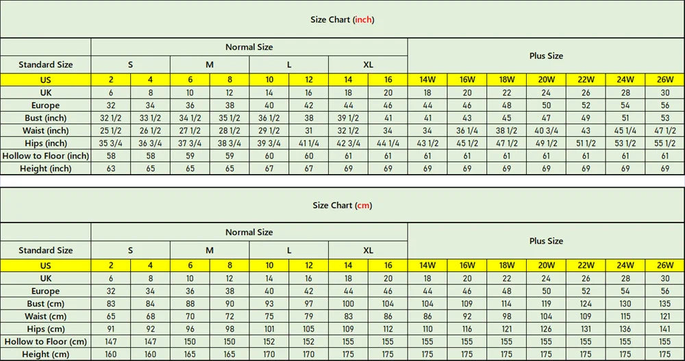 Size chart for wedding dresses showing US, UK, Europe standard and plus sizes, including inch and centimeter measurements.