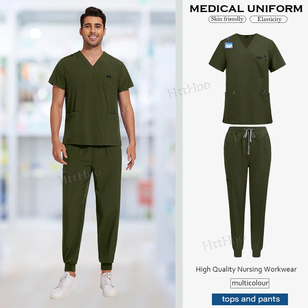 High-quality olive green medical scrub uniform set for men, featuring short-sleeved top and comfortable pants.