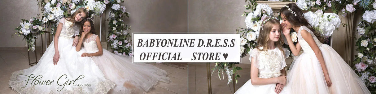 Two girls in elegant flower girl dresses, smiling together in a floral-themed setting, representing babyonlinedress official store.