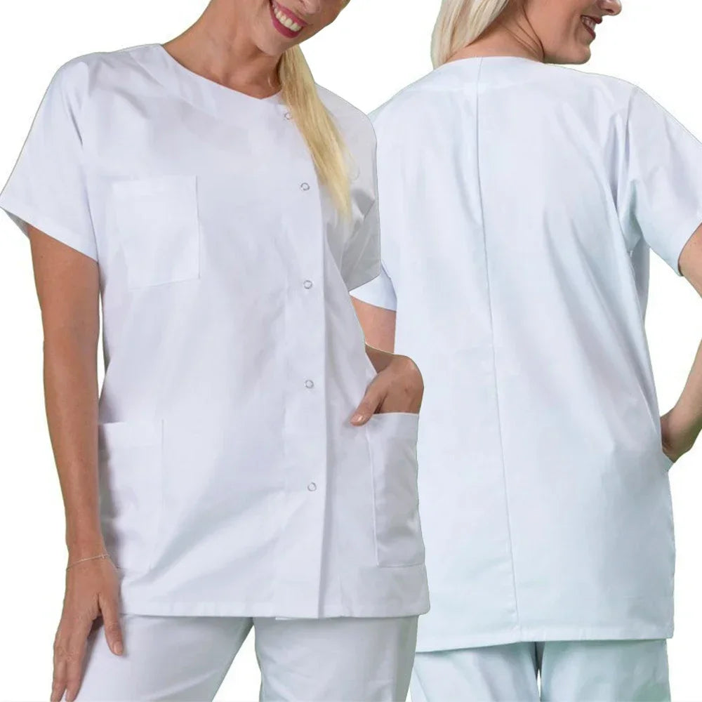 Unisex short sleeve medical shirt in white, featuring pockets, suitable for pharmacy and doctor outfits.
