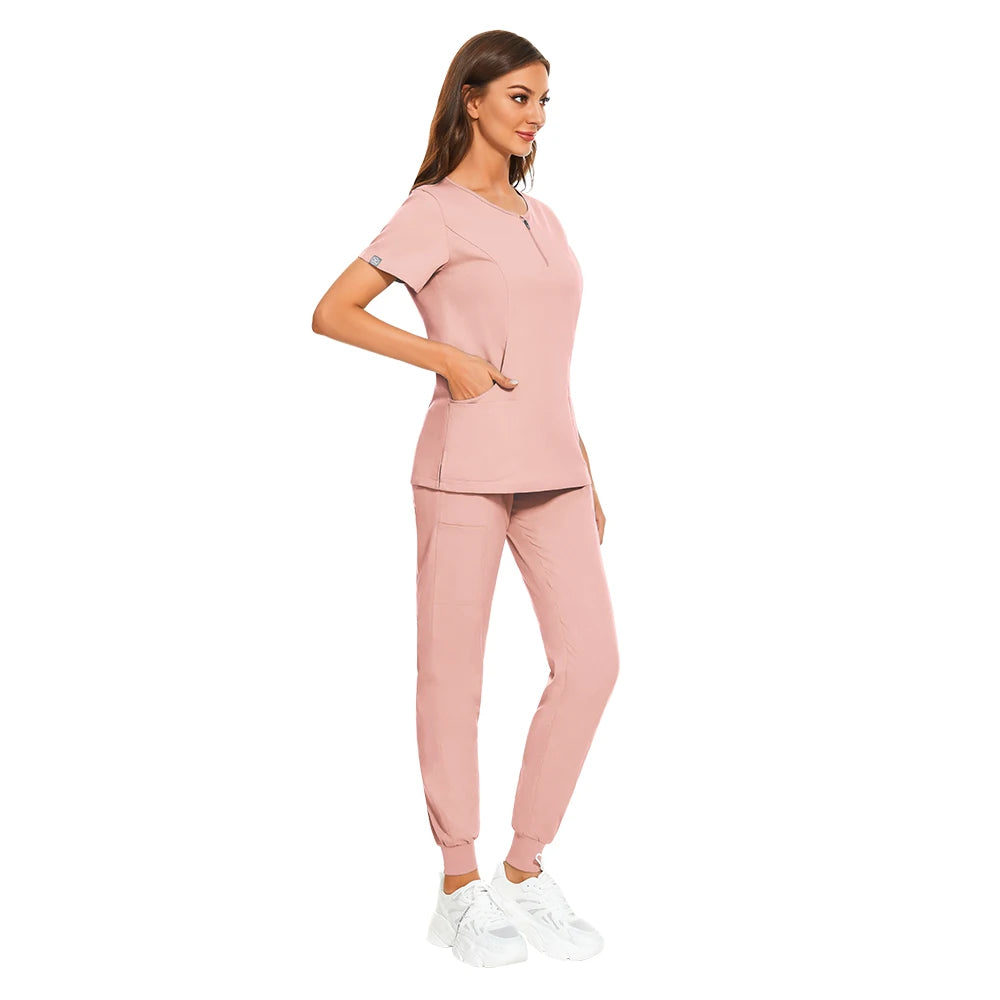 7-color nursing work uniform in pink, featuring a zipper v-neck top and matching pants, ideal for various professions.