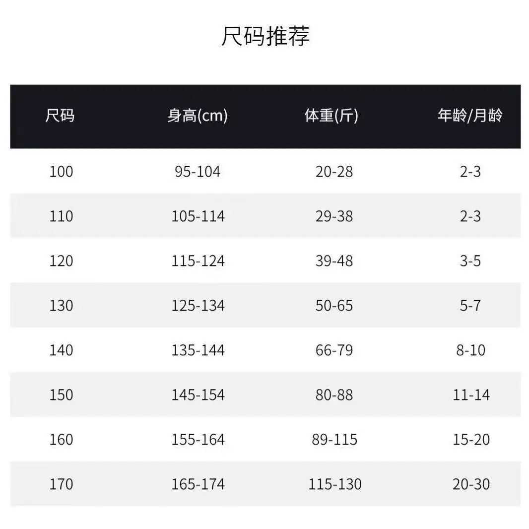 Size recommendation chart for girls' clothing, including height, weight, and age ranges for various sizes.