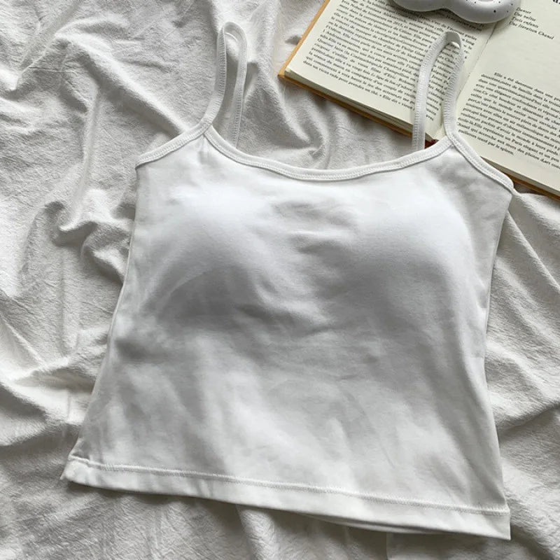 CottoForm™ padded cotton camisole in white, featuring a slim fit and summer sleeveless design on a textured background.