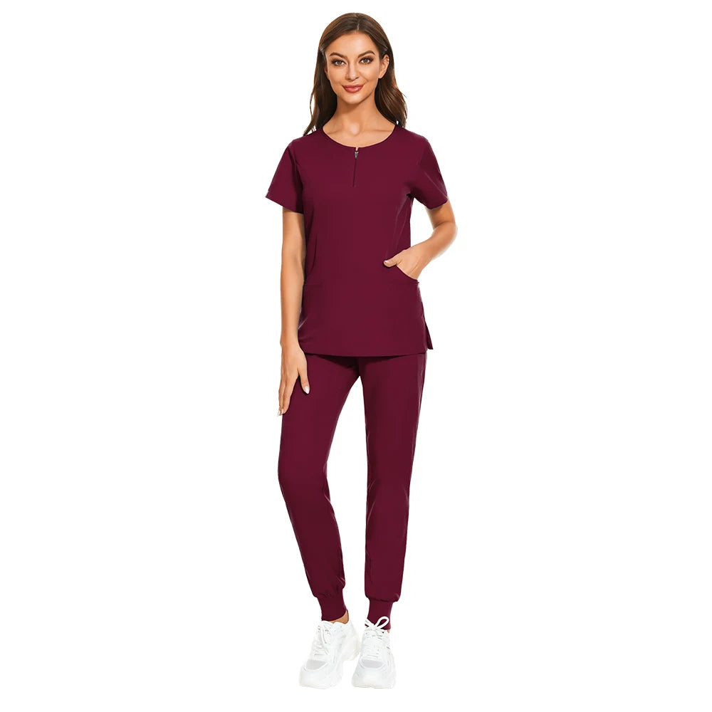 7-Color Nursing Work Uniform in burgundy with zipper v-neck top and matching pants, ideal for beauty, laboratories, and kitchens.