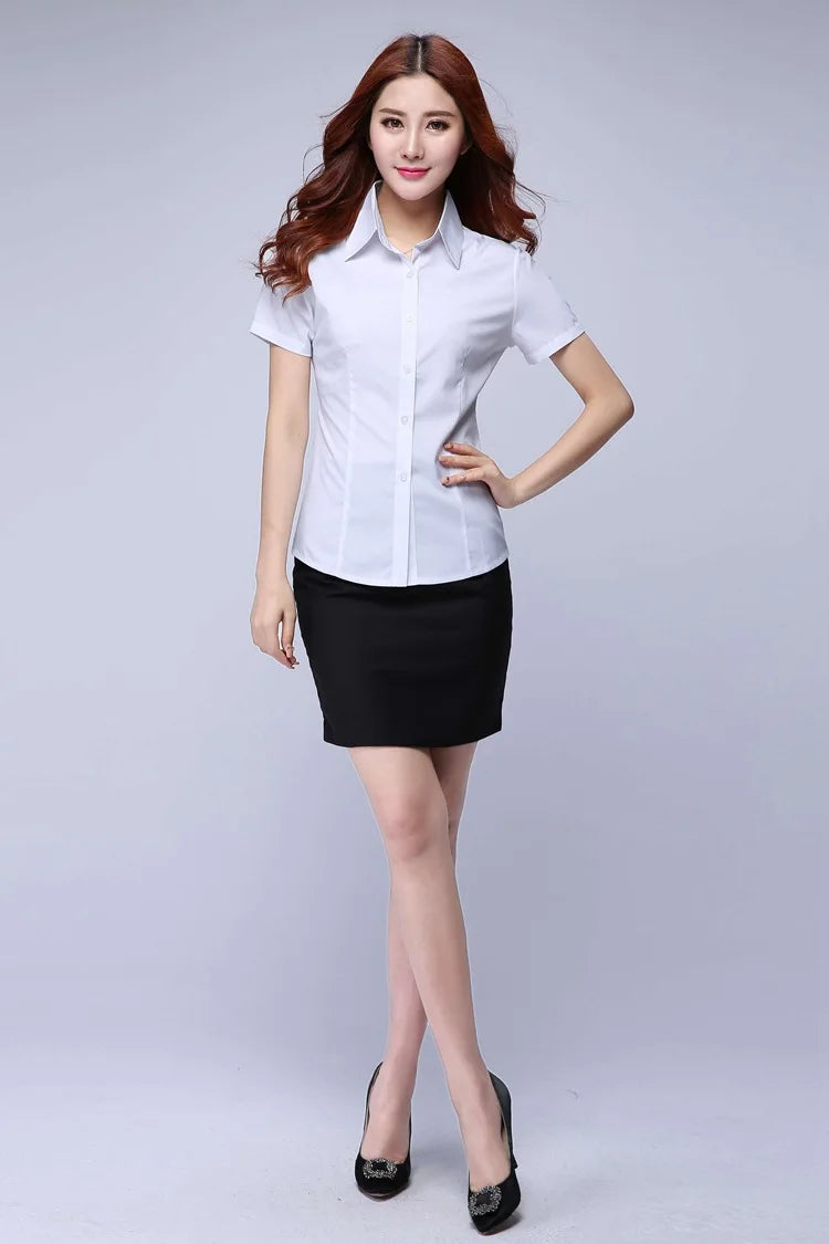 KoreLux™ white short sleeve shirt for women, slim fit office style with turn-down collar and button detail.