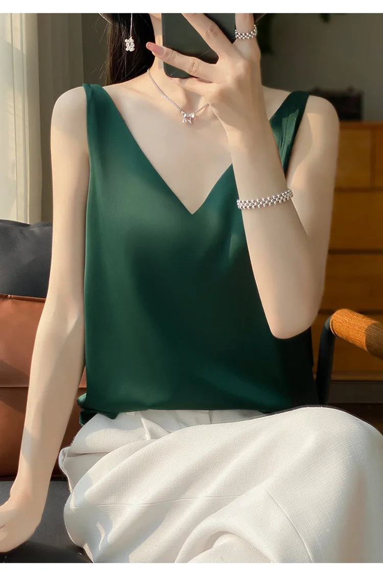 Ice Silk Satin V‑Neck Camisole Crop Top