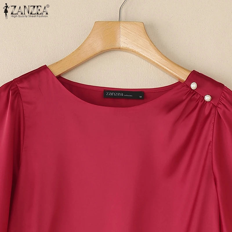 بلوزة نسائية من الساتان بأكمام قصيرة للمكتب