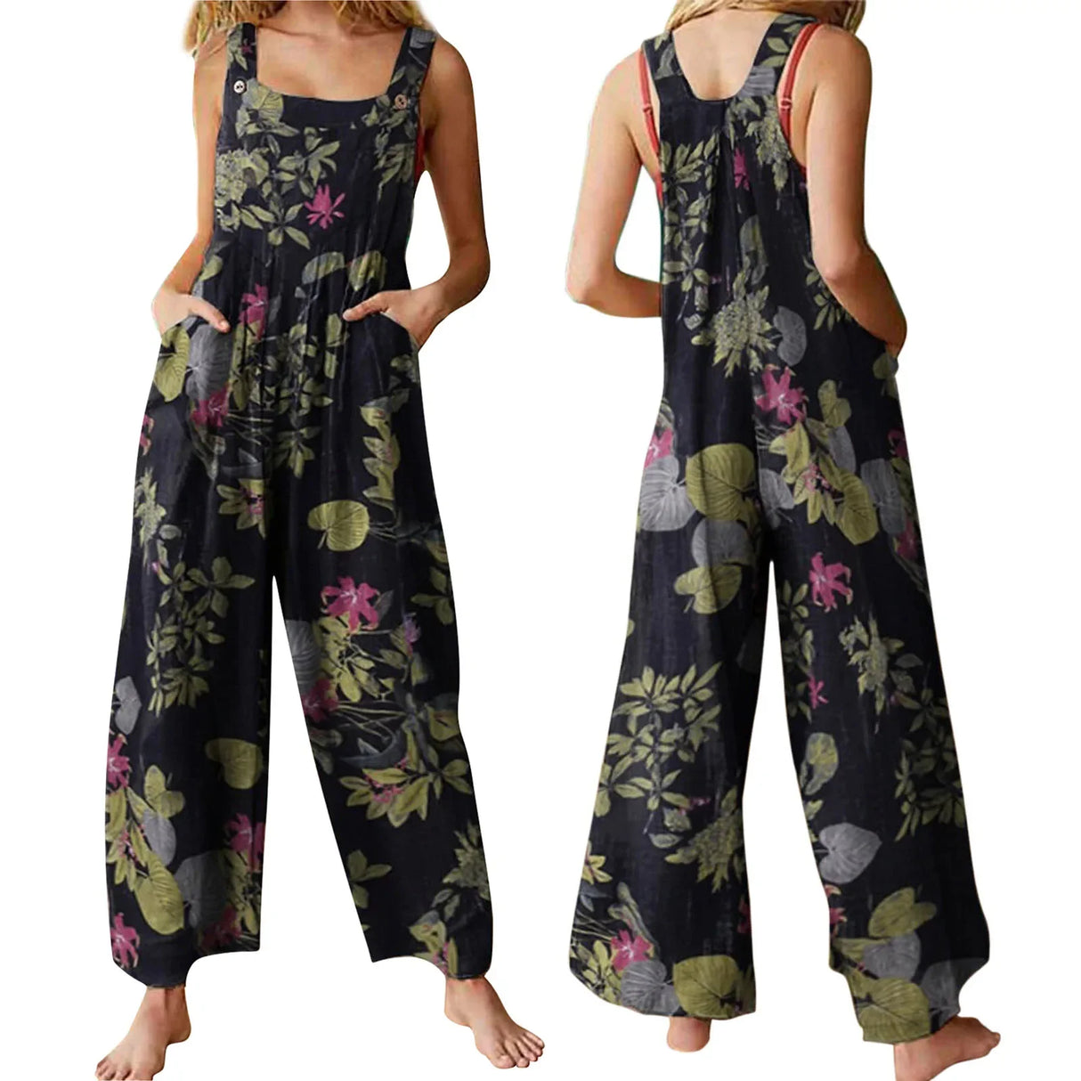 FloraLoom™ – Floral Cotton Linen Jumpsuit (Natural, Breezy & Soft-Touch)