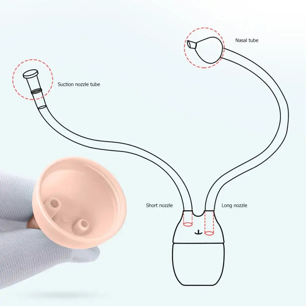Diagram of Baby Nose Cleaner Sucker Tool showing nasal tube and nozzles, designed for safe suction for infants.