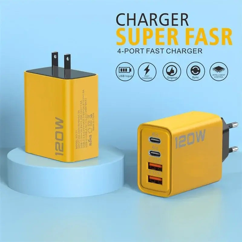 120W yellow 4-port fast charger with USB connections for quick charging all devices.