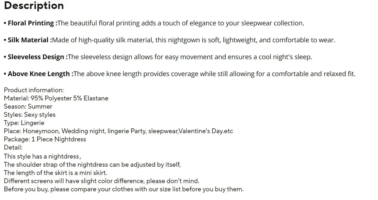 قميص نوم نسائي أسود من الساتان المزهر