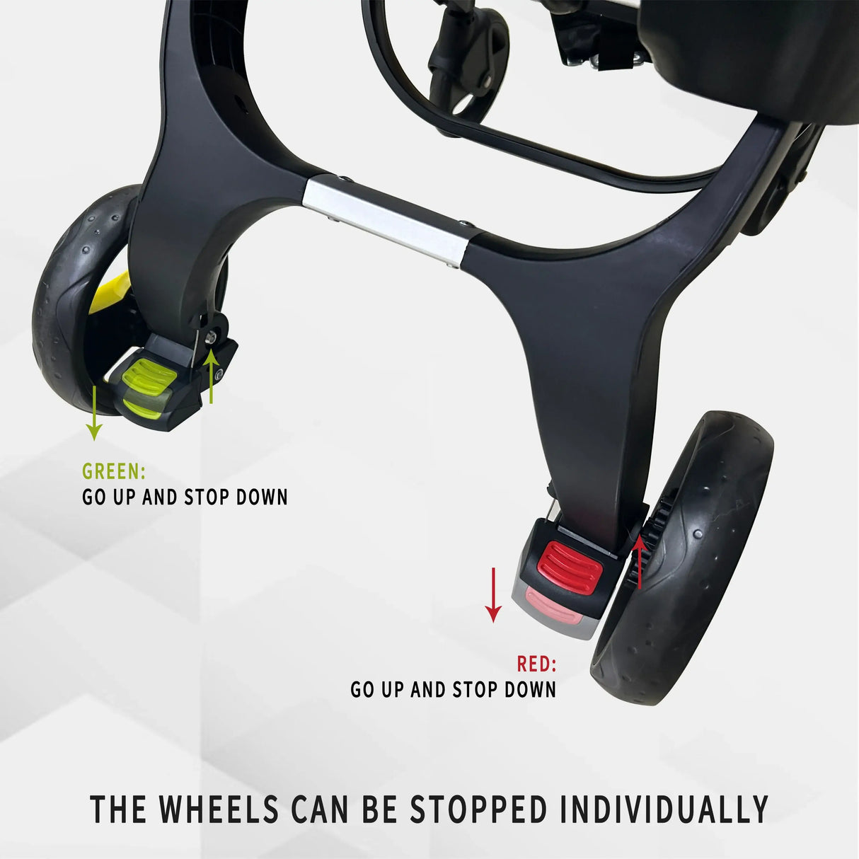 Foldable baby stroller wheels with individual stop mechanisms, featuring green and red buttons for convenience.