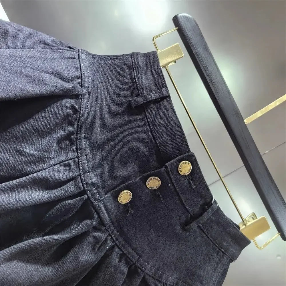 PuffyBelt™ – Puffy Layered Denim Skirt (Black A-line, High Waist)