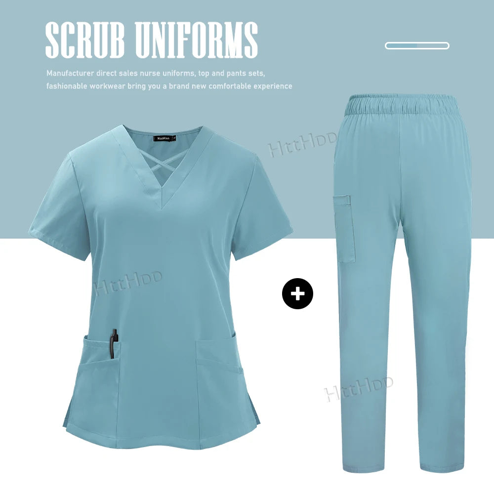 Nurse dental scrubs set in light blue color, featuring a top and pants with pockets, designed for comfort and breathability.