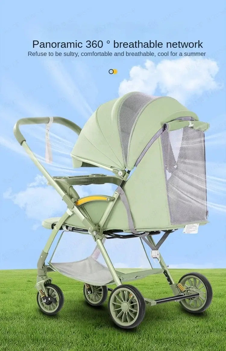 Bi-directional high landscape baby stroller with panoramic 360° breathable network, perfect for summer outings.