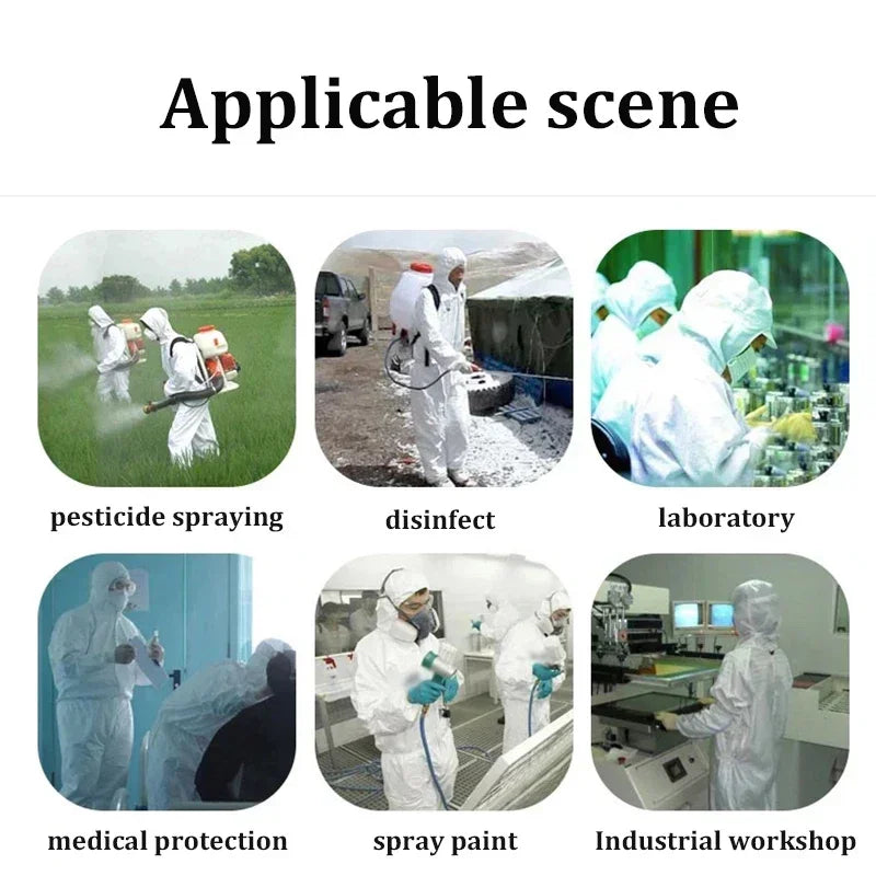 Different applications of chemical resistant coveralls in pesticide spraying, disinfection, lab work, and industrial settings.