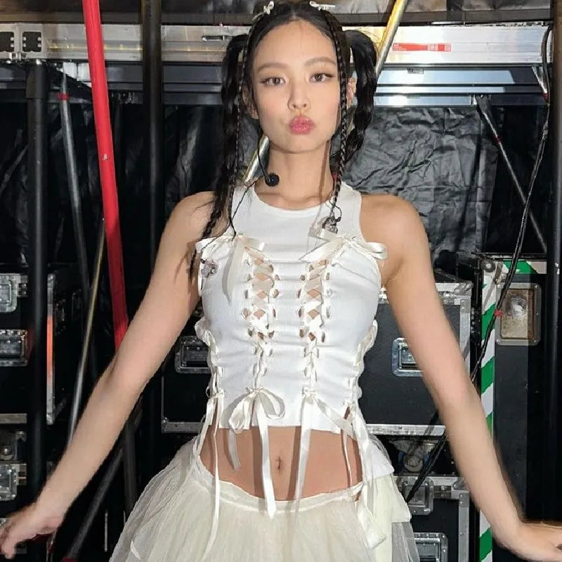 Aesthetic Bow Bandage Ribbed Crop Top