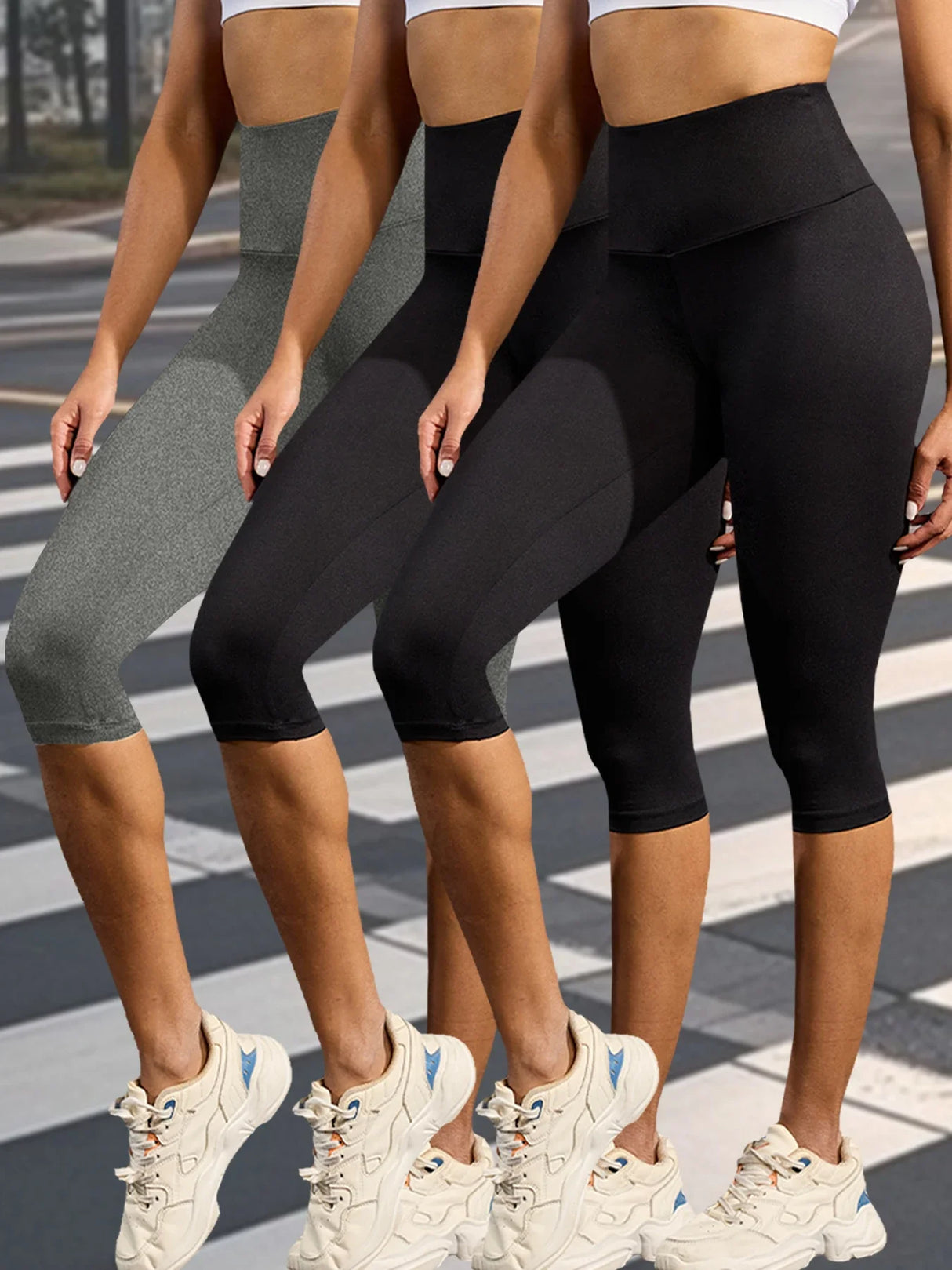 مجموعة من 3 بنطلونات يوجا كابري عالية الخصر للنساء