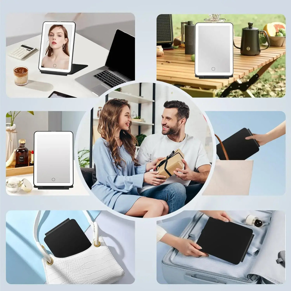 Collage of LED Foldable Travel Makeup Mirror in various settings, showing its USB rechargeable feature and portability.