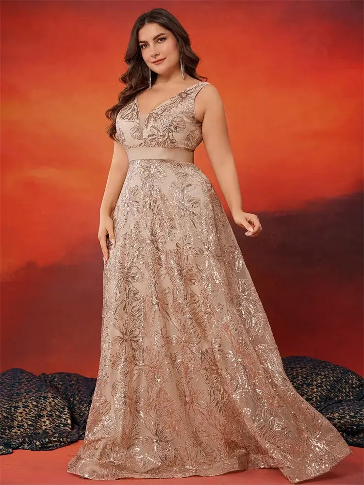 فستان سهرة كوكتيل بظهر على شكل حرف V مزين بالترتر للنساء بمقاسات كبيرة