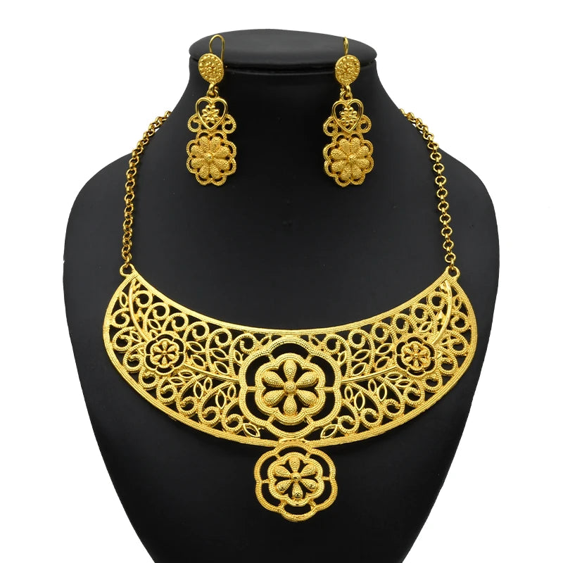 Luxury Indian Bridal Jewelry Necklace Set with floral design in 24K gold plating and matching earrings for women.