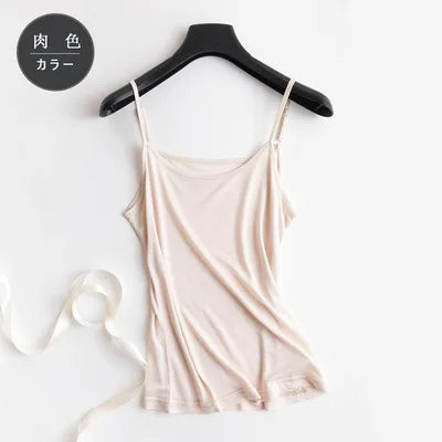SilkAura™ silk blend knit camisole in soft beige, featuring adjustable straps and a breathable design for summer wear.