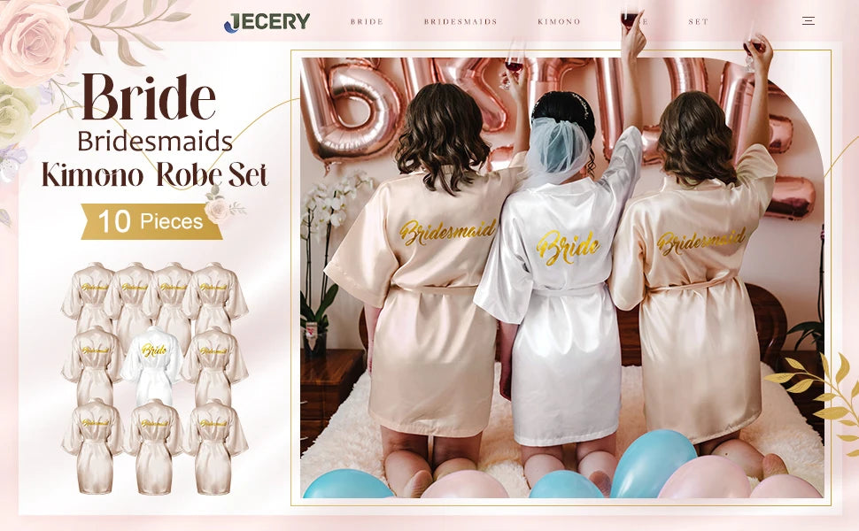10-piece satin bride and bridesmaids kimono robe set displayed with models in elegant robes.