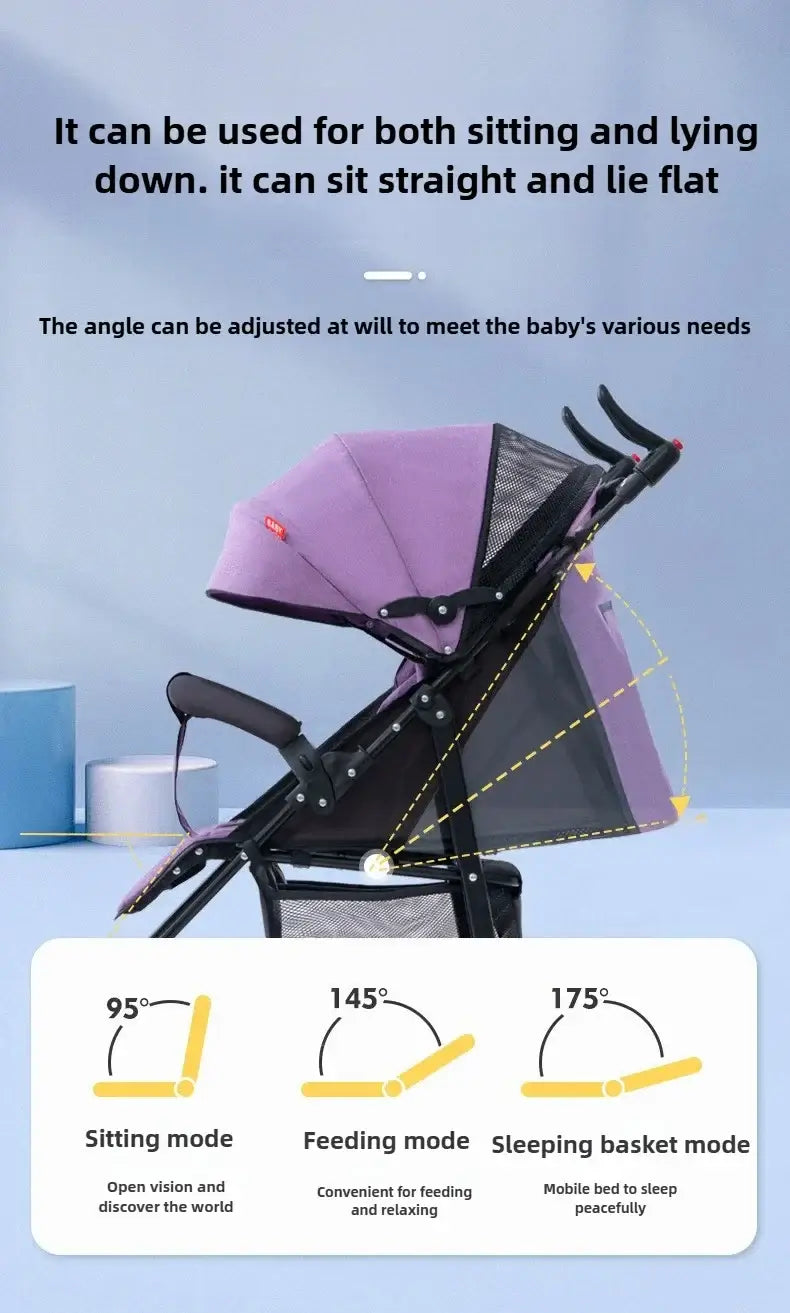 Baby stroller with adjustable seat for sitting and lying down, featuring sitting, feeding, and sleeping modes.
