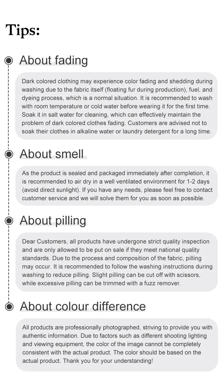 Tips for maintaining dark colored clothing: fading, smell, pilling, and color differences explained.