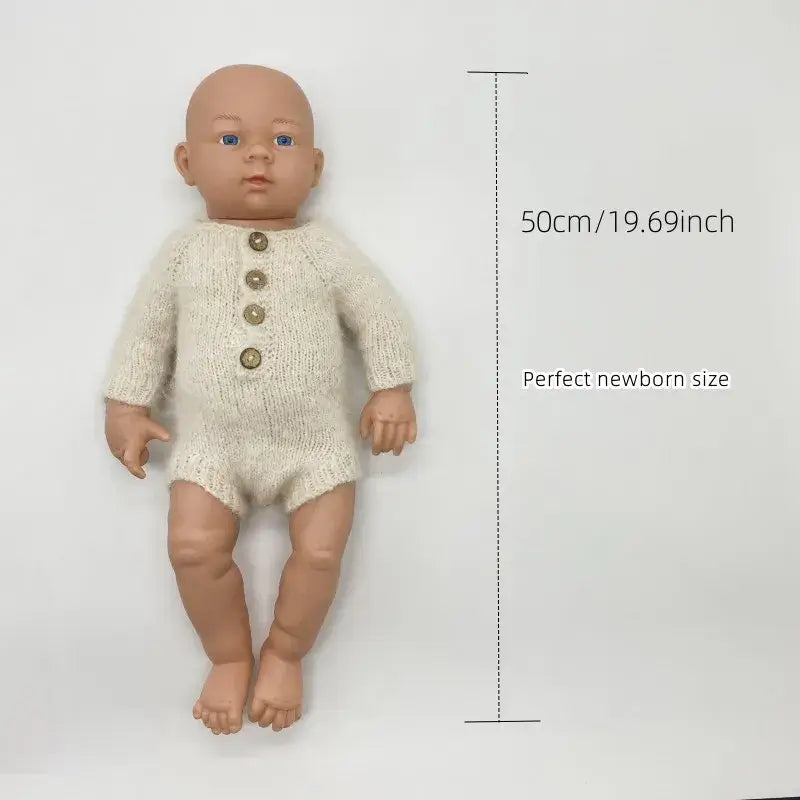 Newborn photo romper in cream color with buttons, perfect size for newborn photography props, 50cm doll included.