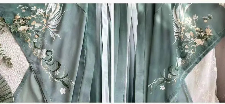 Elegant Song Dynasty Hanfu set with intricate floral embroidery in soothing teal color.