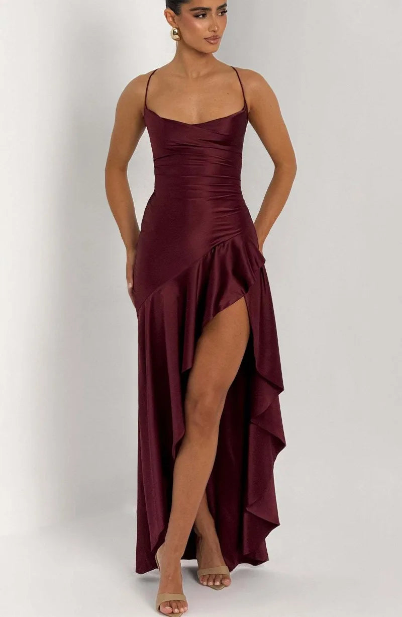 Women's Satin Lace-Up Maxi Dress